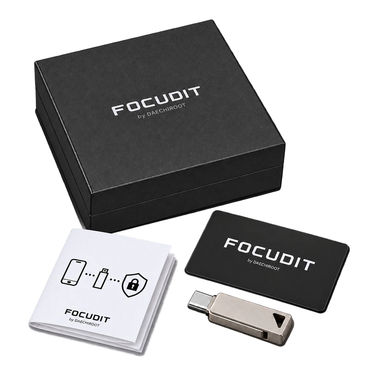 FOCUDIT 공부폰·공부탭 제작키트 상자와 관리자 보안카드, 전용 앱 USB, 설명서
