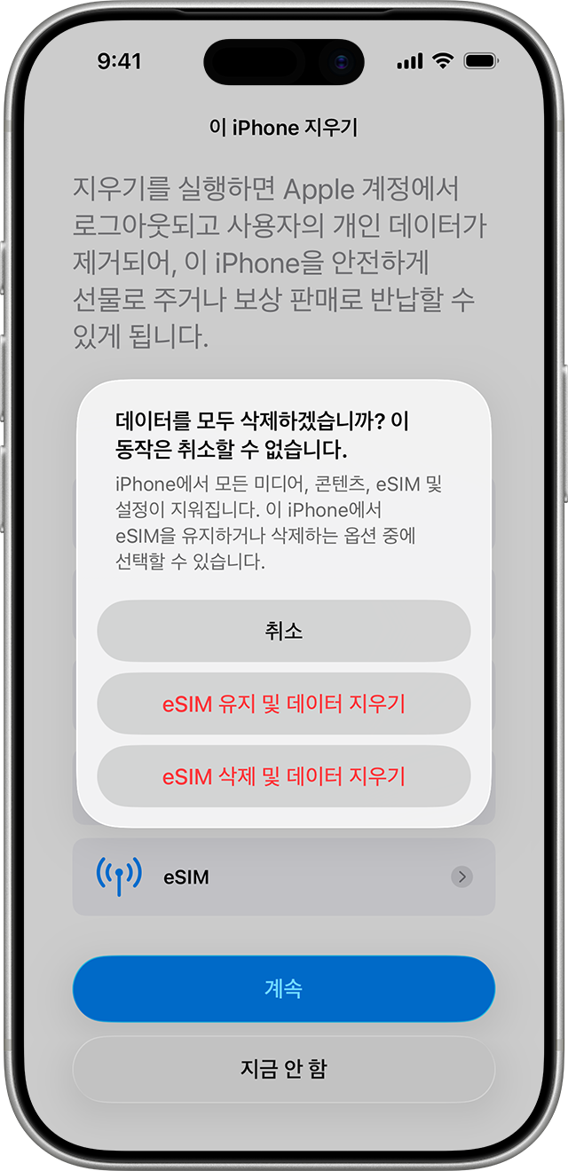 초기화 과정에서 eSIM 유지 및 데이터 지우기와 eSIM 삭제 및 데이터 지우기를 고르는 화면