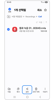 통화 녹음 파일을 선택한 화면 아래의 공유 버튼