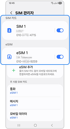 SIM 관리자에 SIM 카드와 eSIM의 전화번호가 구분된 화면