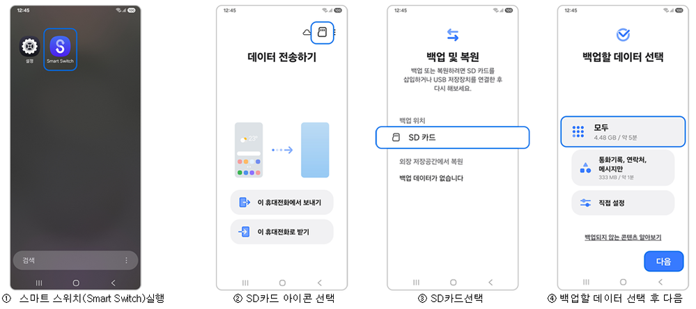 스마트 스위치 실행, SD카드 아이콘 선택, SD카드 선택, 백업할 데이터 선택 후 다음